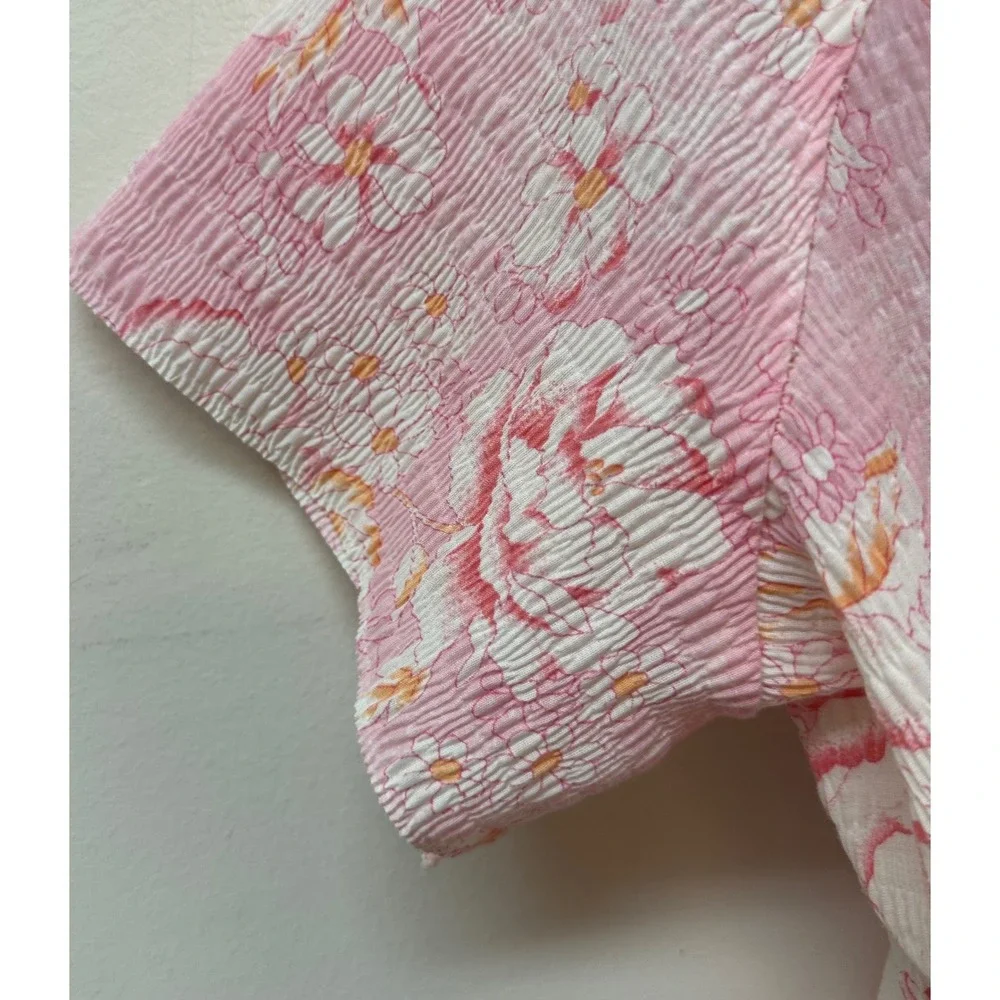 Miss and Mrs Vintage Pink Floral Seersucker Wrap Robe Housecoat Lace Trim Size M